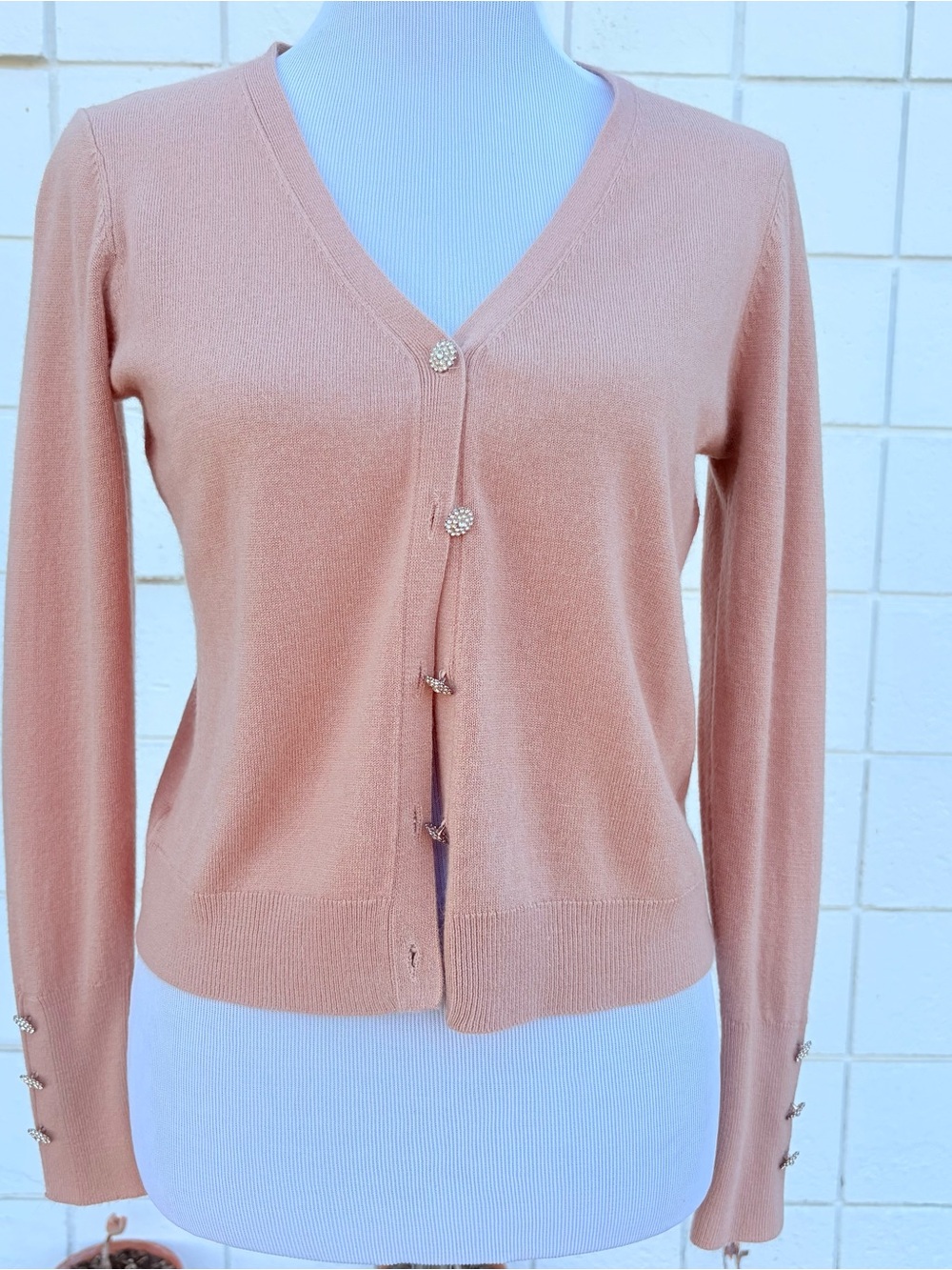 Women's V-Neck Pearl-Button Cardigan Sweater - Tan 0621